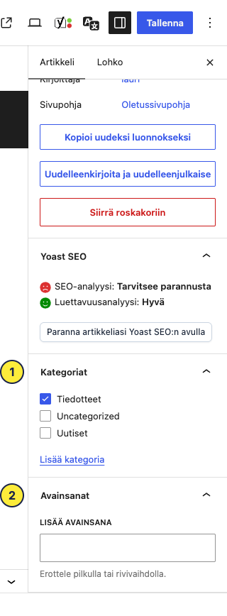 Artikkeli-välilehden alaosa: (1) Kategoriat ja (2) Avainsanat.