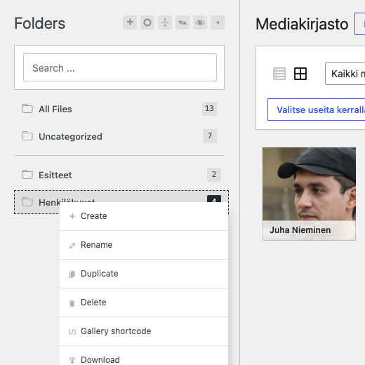 Hiiren oikealla painikkeella avautuva kansion valikko.