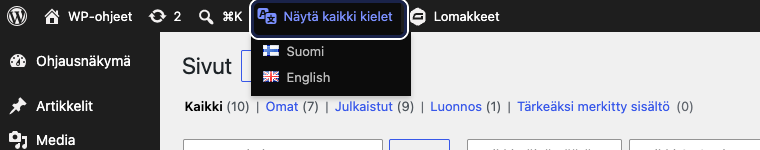 Yläpalkin kielivalinta avattuna.