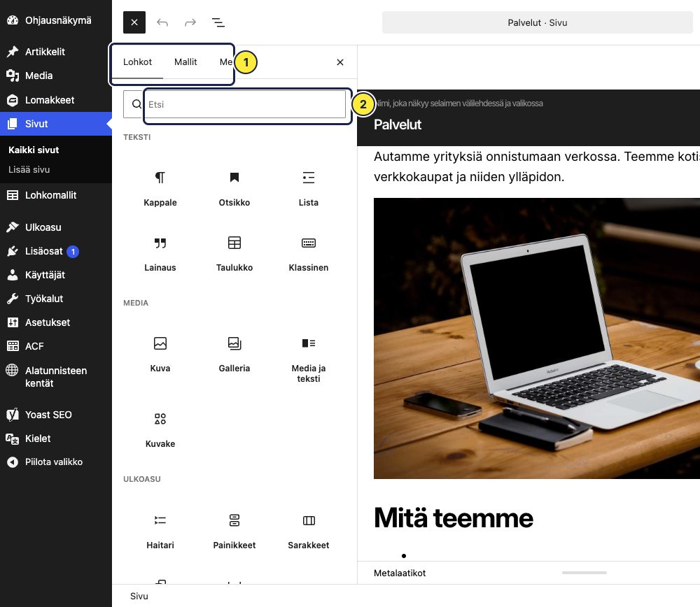 Lohkolisääjä: (1) välilehdet Lohkot, Mallit ja Media sekä (2) haku.