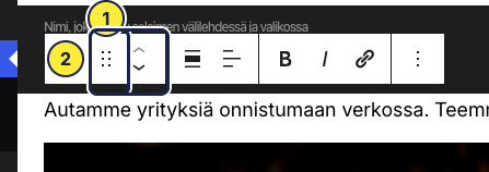 Työkalupalkin vasen reuna: (1) raahauskahva ja (2) nuolet ylös ja alas.