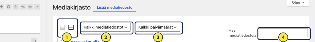 Mediakirjaston työkalut: (1) näkymä, (2) tiedostotyyppi, (3) päivämäärä ja (4) haku.
