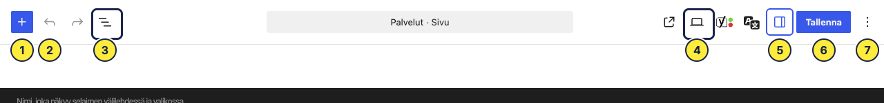 Muokkausnäkymän työkalupalkki. Numerot on selitetty alla.