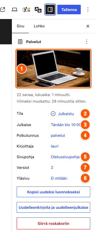 Sivu-välilehti: (1) artikkelikuva, (2) tila, (3) julkaisuaika, (4) polkutunnus eli osoite, (5) sivupohja, (6) yläsivu ja (7) versiot.