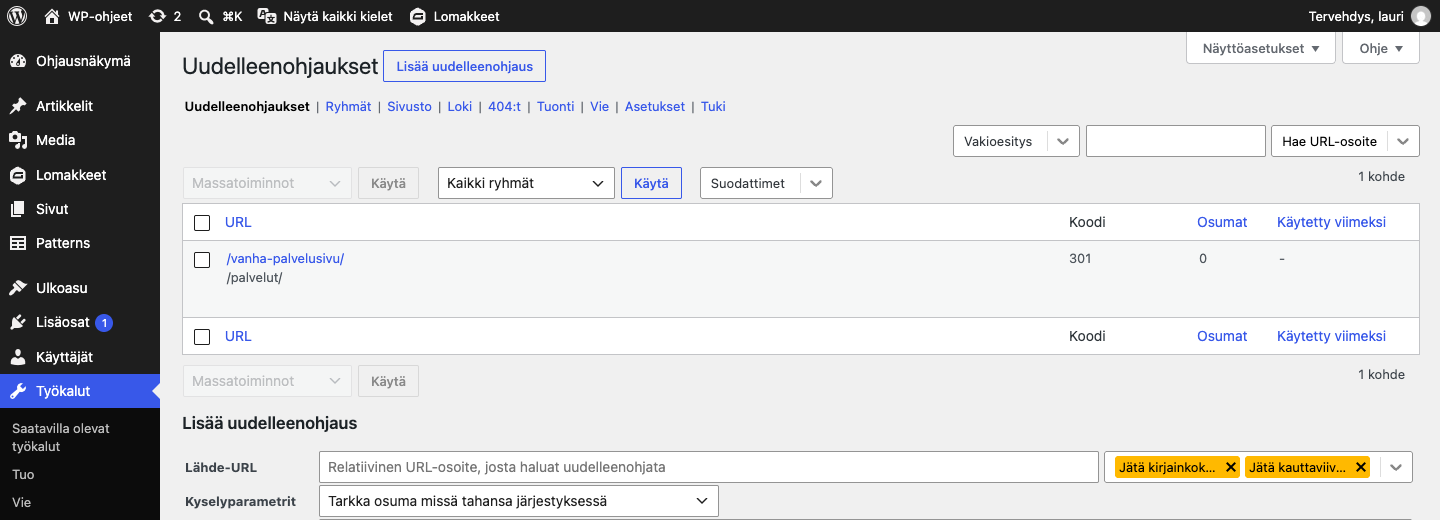 Uudelleenohjaukset-näkymä. Listassa näkyvät vanha osoite, uusi osoite, ohjauksen koodi (301) ja osumat.