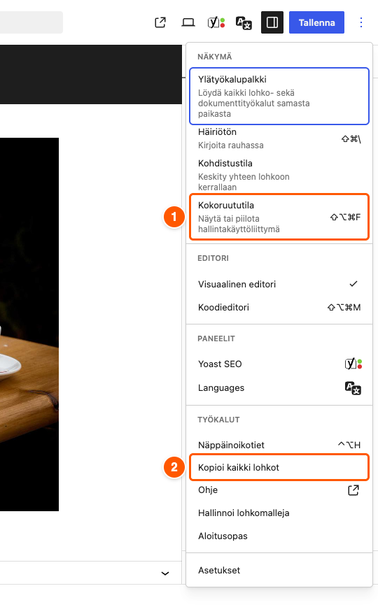 Vaihtoehdot-valikko: (1) Kokoruututila ja (2) Kopioi kaikki lohkot.