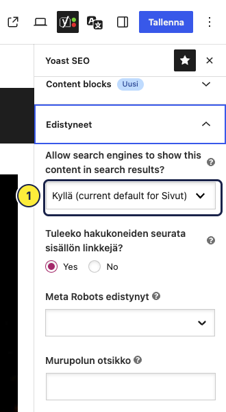 Edistyneet-asetukset: (1) näytetäänkö sivu hakutuloksissa.